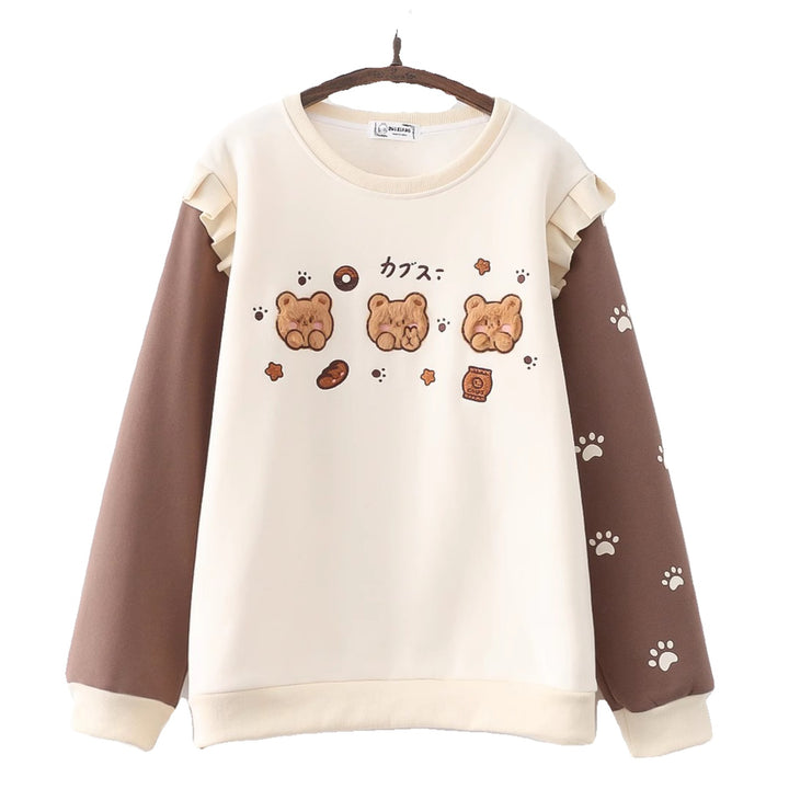 Cartoon Bear Round Neck Thick Hoodie