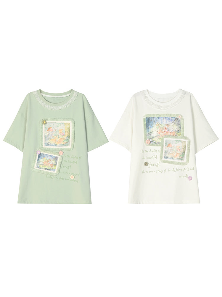 White/Green Spring/Summer Illustration Round Neck T-shirt