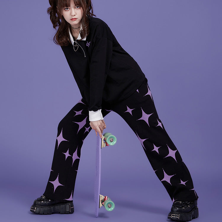 Black Purple Star Knitted Pants Thickened Warm Long Casual Pants