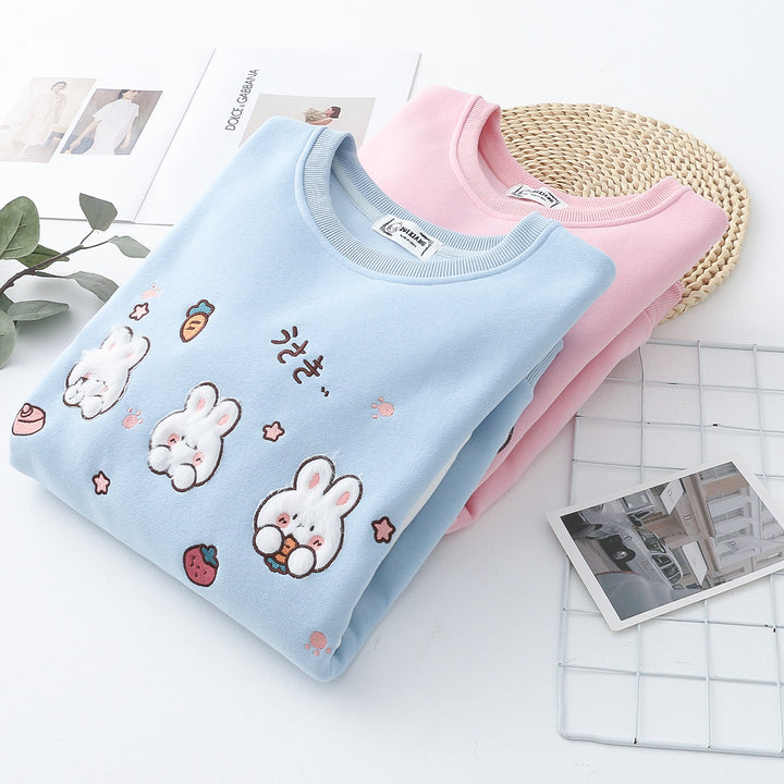 Cartoon Rabbit Round Neck Thick Hoodie