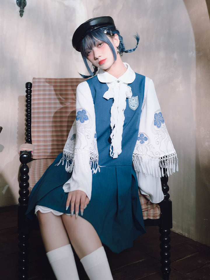 ‘Blue Tears’ printed white shirt with Peter Pan collar and layered sleeves