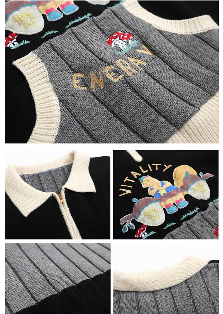 Cartoon Embroidered Pocket Polo-neck Sweater