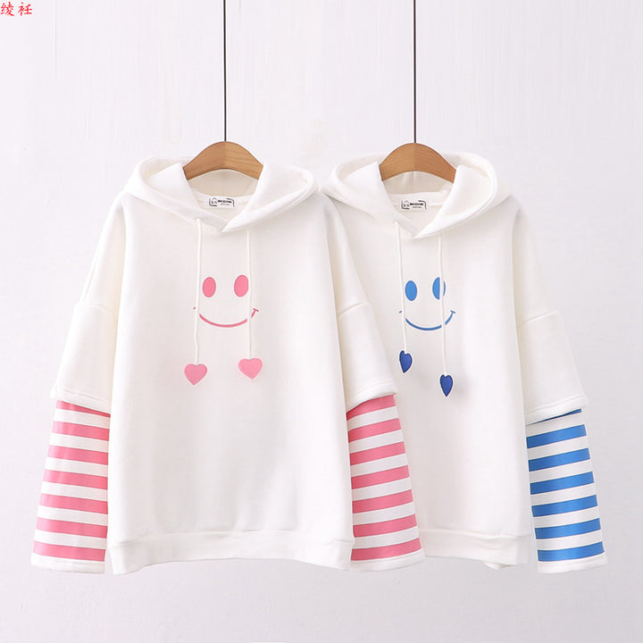 Cute Smiling Face Print Plush Hoodie