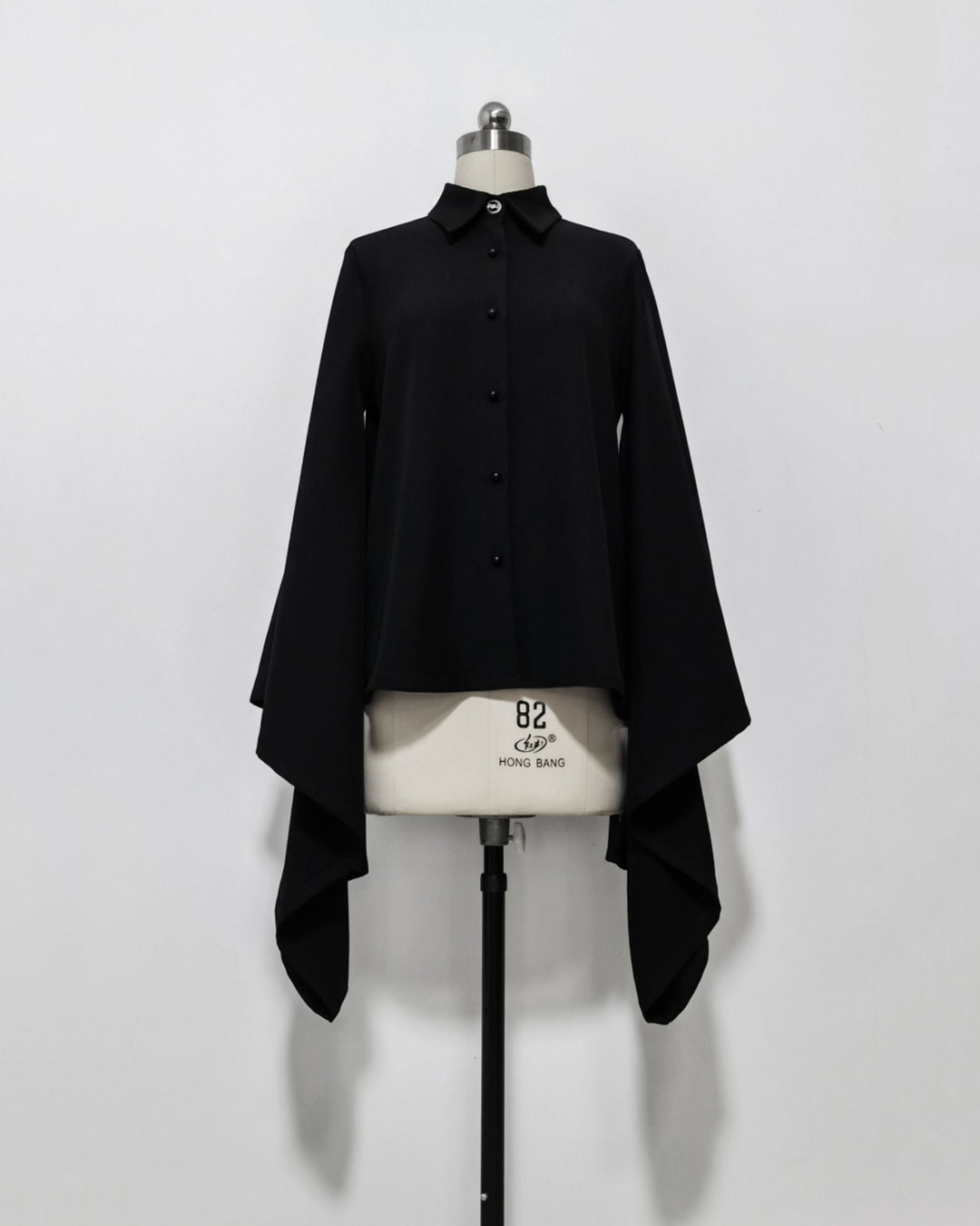 Black Pointed Collar Vintage Wide-Sleeve Blouse