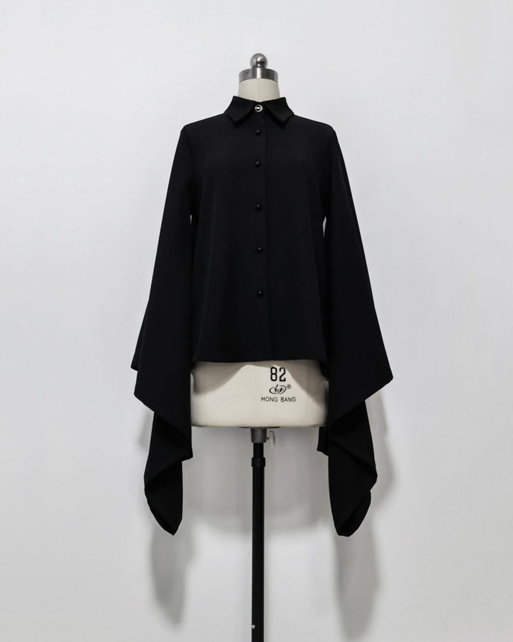 Black Pointed Collar Vintage Wide-Sleeve Blouse