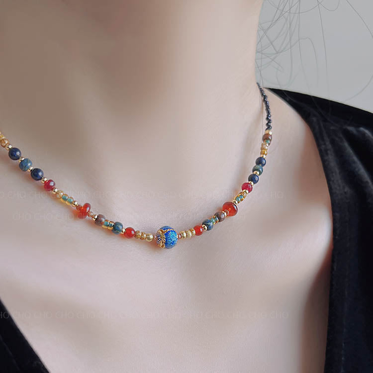Chinese-style fired blue lucky bead necklace