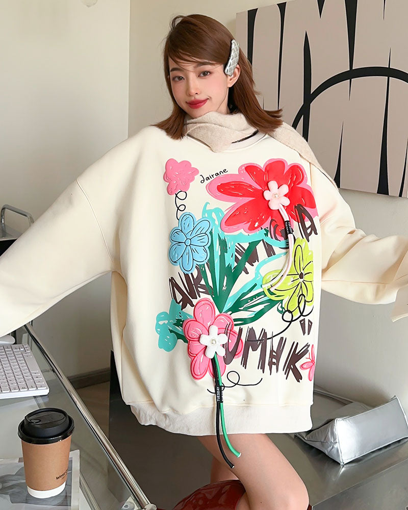3D Floral Ribbon Decorated Oversized Casual Sweatshirt