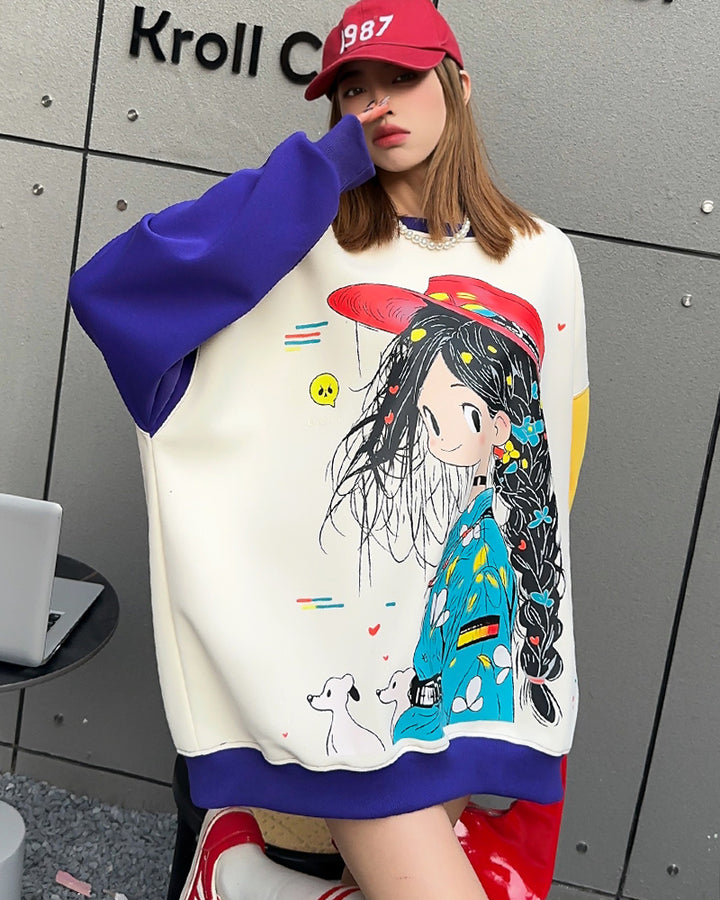 Fun Graffiti Girl Color Block Medium-length Loose Oversized Casual Sweatshirt