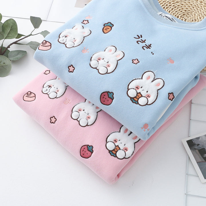 Cartoon Rabbit Round Neck Thick Hoodie