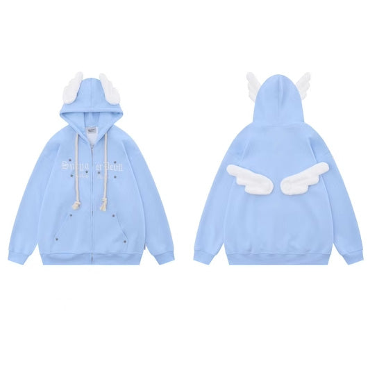 Japanese sweet style angel wing embellished hooded sweatshirt