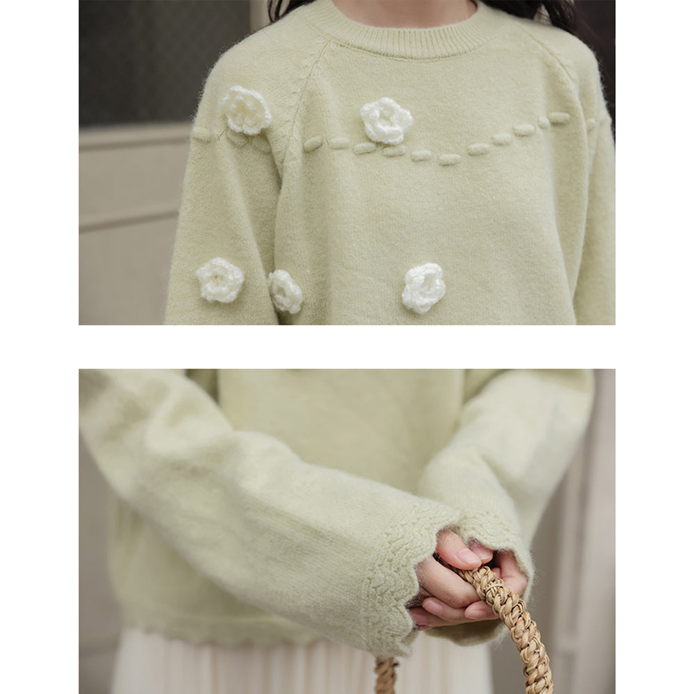 Japanese-style Floral Embroidered Round Neck Autumn Winter Sweater