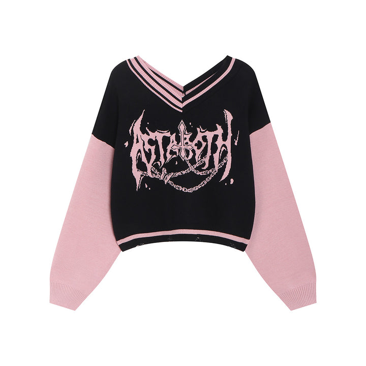 Y2K black and pink V-neck sweater for autumn winter Spring