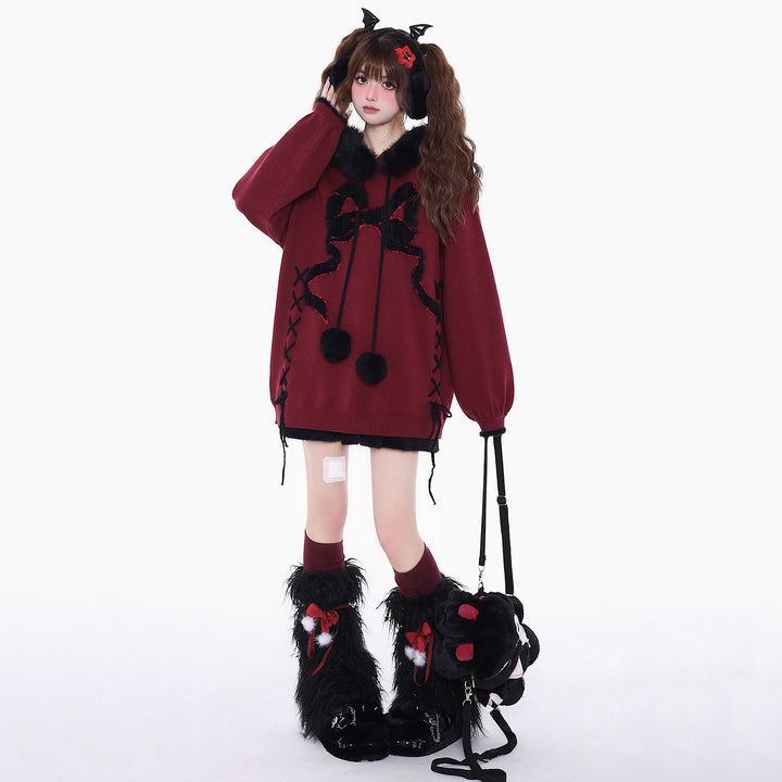 Bowknot black and red sweater for spring autumn winter