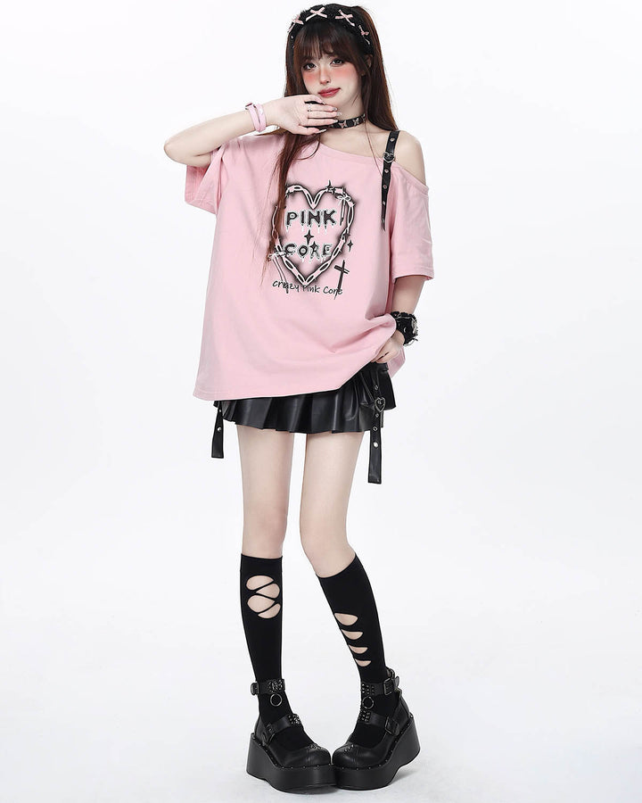 Punk Dark Heart-Shaped Printed Leather Buckle Off-Shoulder Loose T-shirt