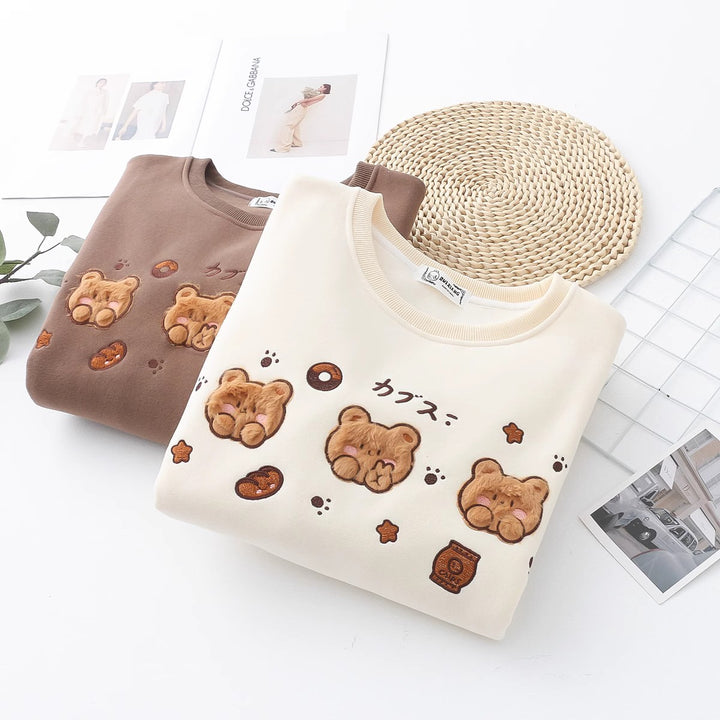 Cartoon Bear Round Neck Thick Hoodie