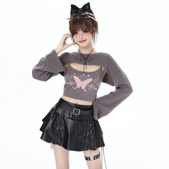 Butterfly printed pink gray long-sleeved top for spring and autumn