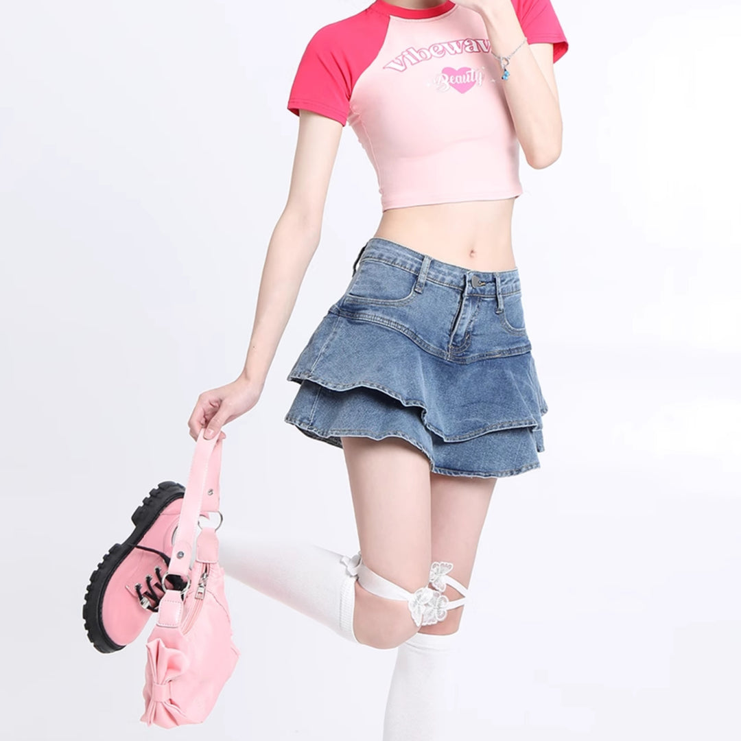 Korean Summer High Waist ruffle Denim Skirt