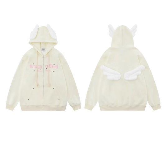 Japanese sweet style angel wing embellished hooded sweatshirt