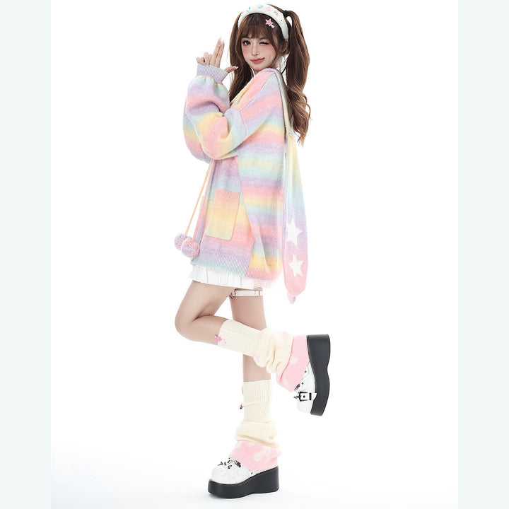 Cute Bunny Ear Zippered Hooded Knit Cardigan Sweater