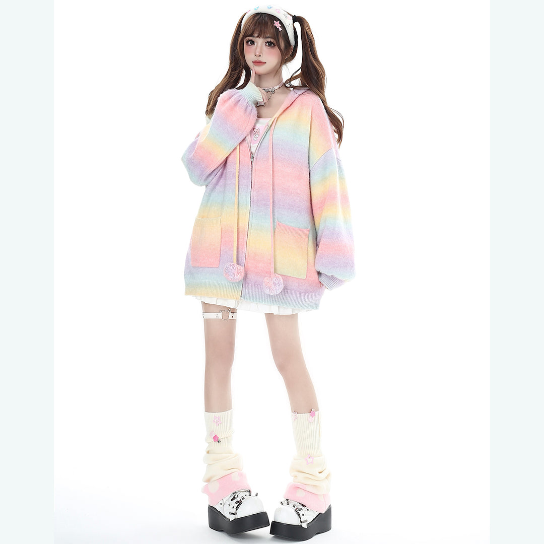 Cute Bunny Ear Zippered Hooded Knit Cardigan Sweater