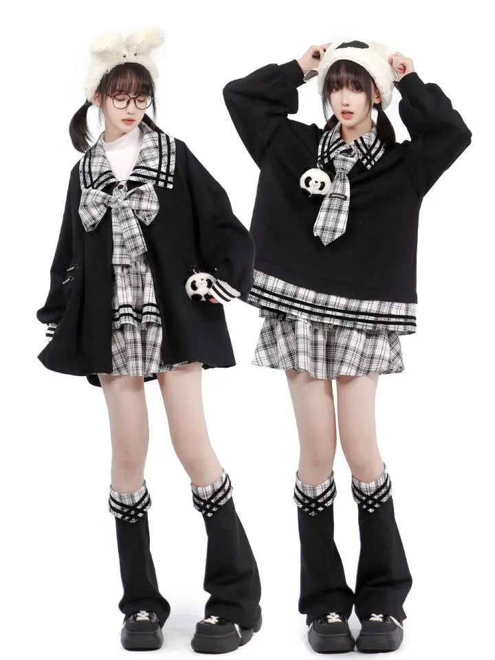 Plaid School Uniform Bow Coat / Hoodie / Shirt / Skirt / Leg Warmers