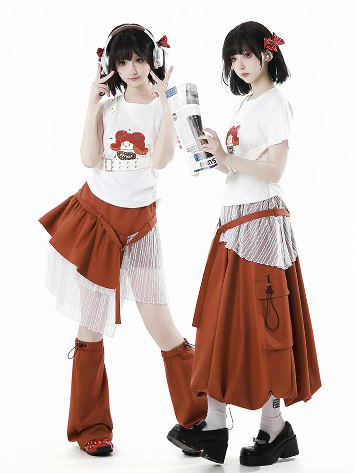 Cartoon Girl Tee Set with Optional Tank Top / Short Skirt / Long Skirt / Leg Warmers