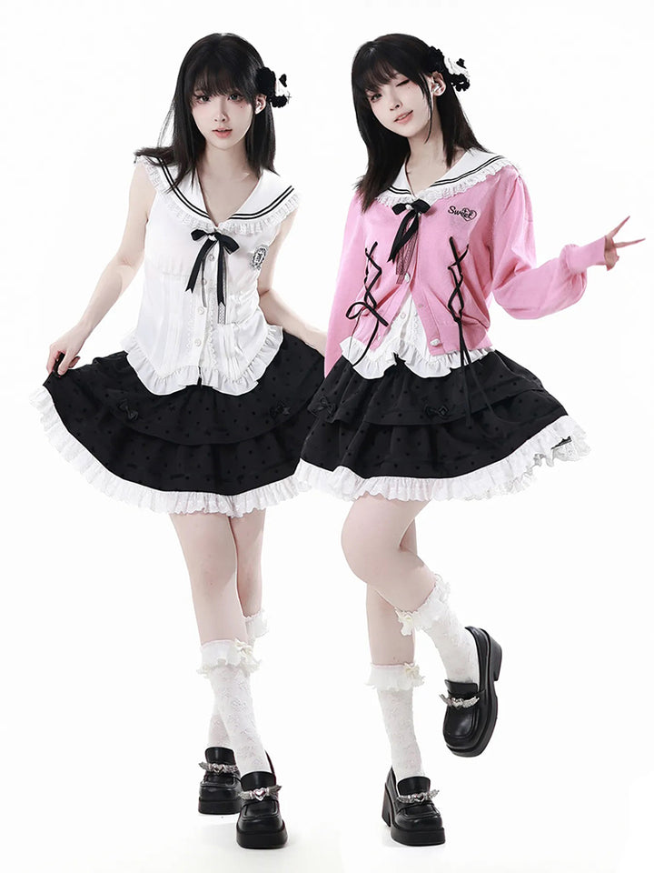 Sweet Lolita White Shirt / Pink Sweater / Black Skirt