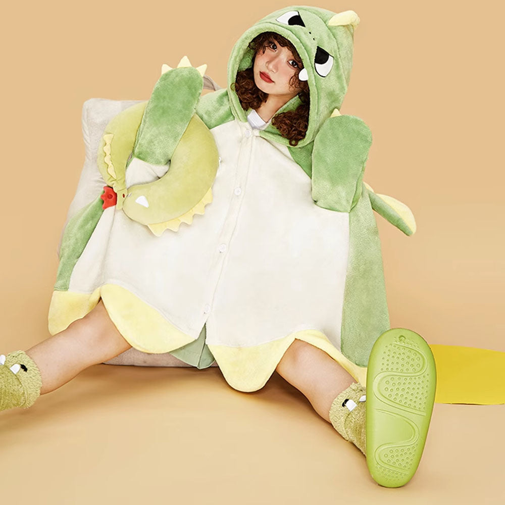Cartoon Dinosaur Plush Hooded Blanket