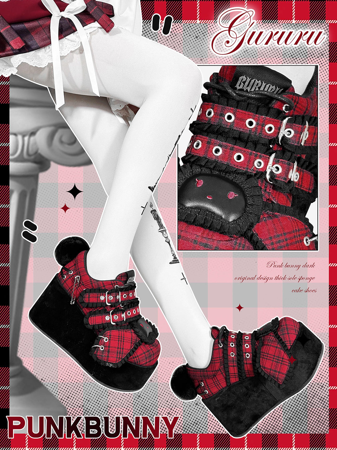 Harajuku Red plaid Platform shoes