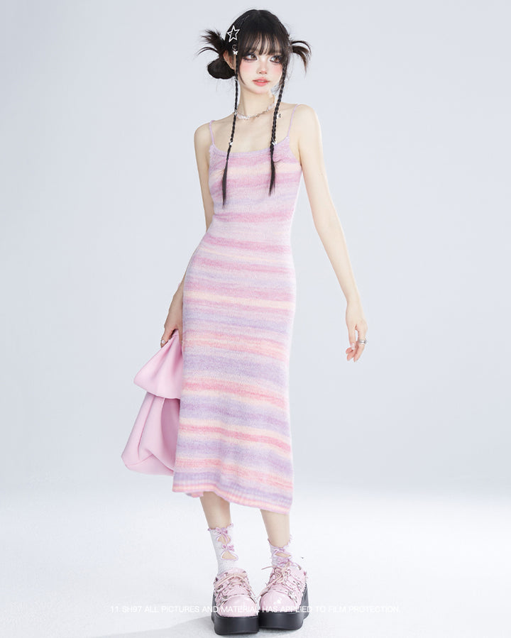 Colorful Striped Knit Spaghetti Strap Slim Fit Midi Dress for Summer