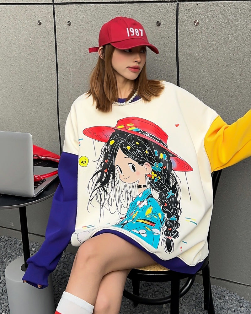 Fun Graffiti Girl Color Block Medium-length Loose Oversized Casual Sweatshirt
