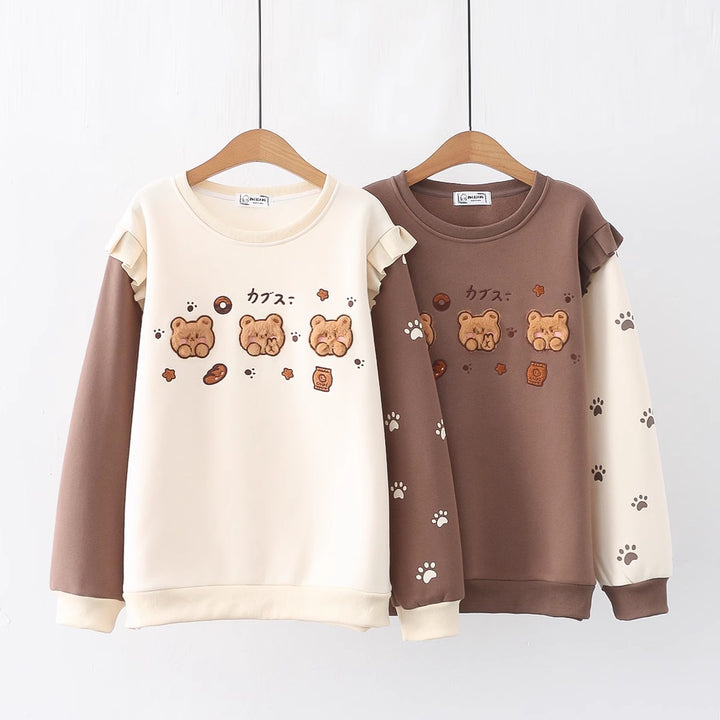 Cartoon Bear Round Neck Thick Hoodie