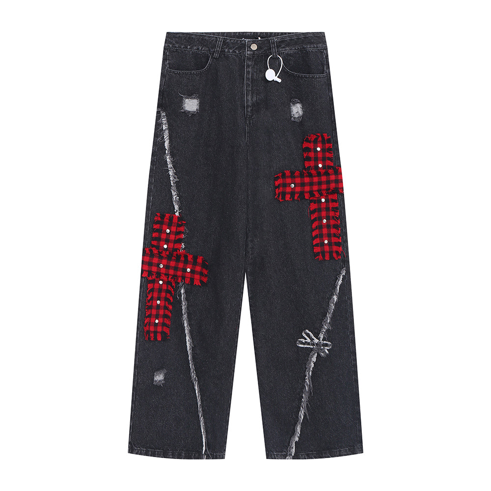 Punk Cross Embroidery Ripped Straight Wide-leg Jeans