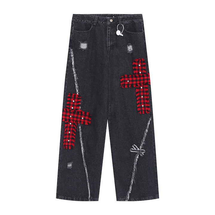 Punk Cross Embroidery Ripped Straight Wide-leg Jeans