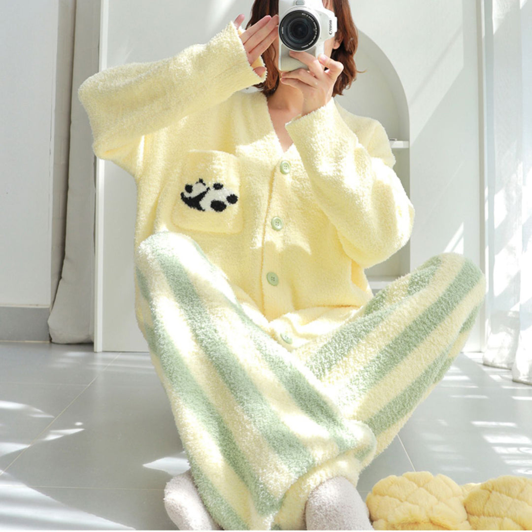 Panda Pattern V-neck Button-up Winter Pajamas Set