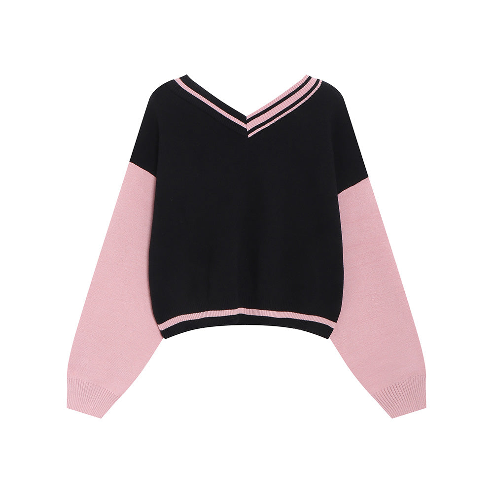 Y2K black and pink V-neck sweater for autumn winter Spring