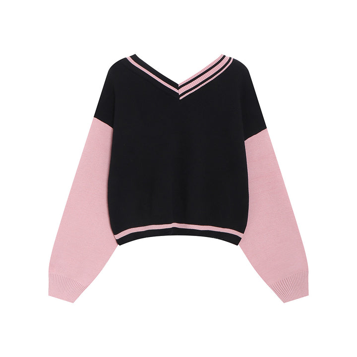 Y2K black and pink V-neck sweater for autumn winter Spring