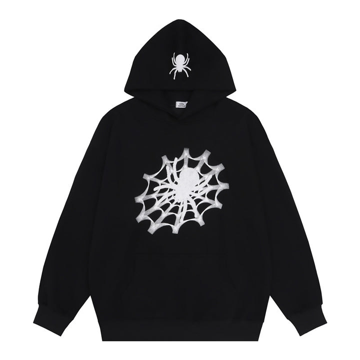 Vintage Spider Web Print Pocket Loose Hoodie