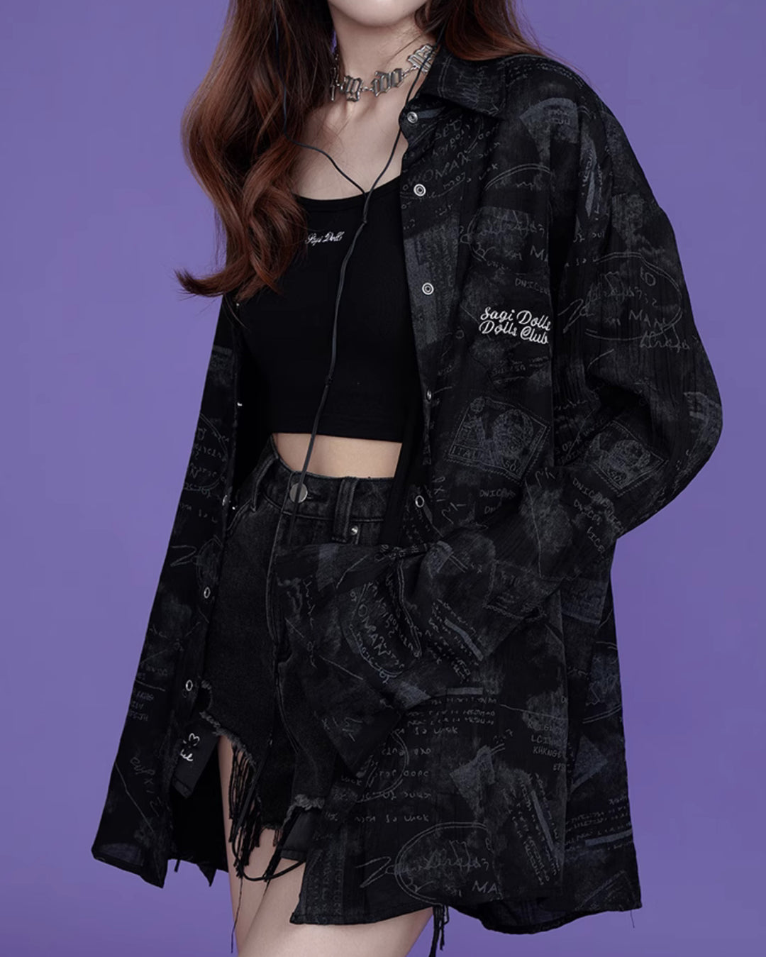 Spring/Summer Black Printed Breathable Loose Shirt