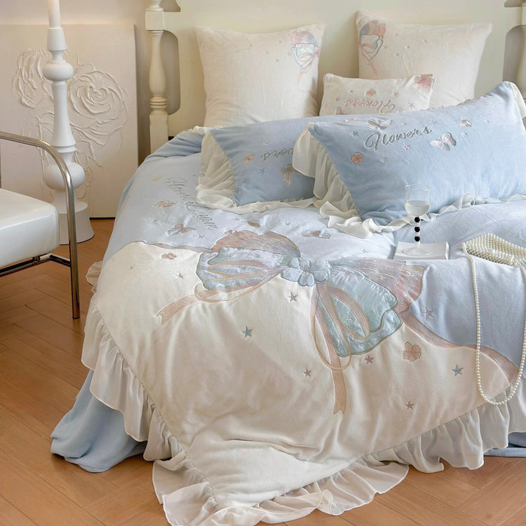 Butterfly Embroidery Milk Velvet Autumn/Winter Duvet Cover Set