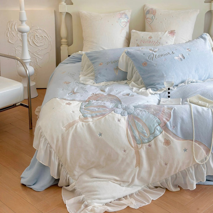 Butterfly Embroidery Milk Velvet Autumn/Winter Duvet Cover Set
