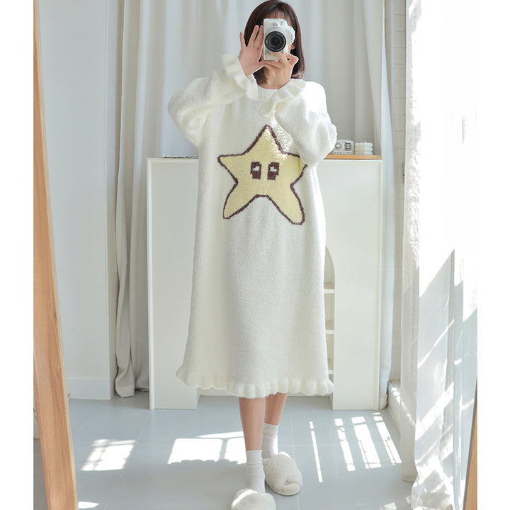 Cute Star Pattern Round Neck Winter Nightgown Pajamas Dress