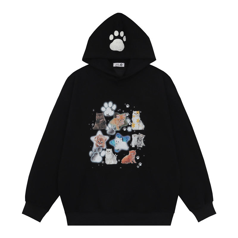 Kittys Print Pocket Loose Hoodie
