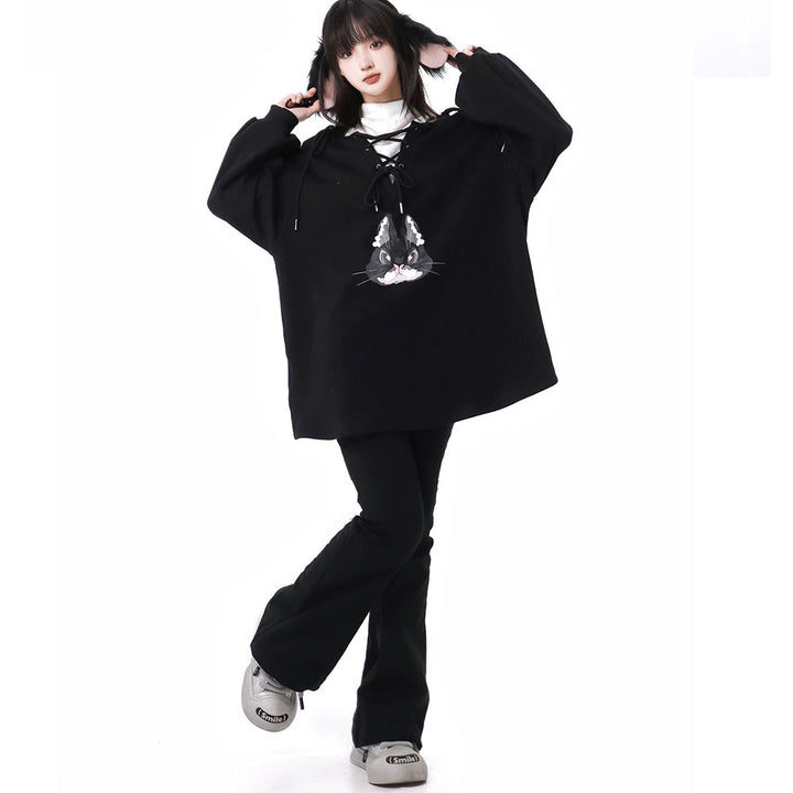 Kitty Pattern Coat Top Fleece Straight Leg Pants Hoodie