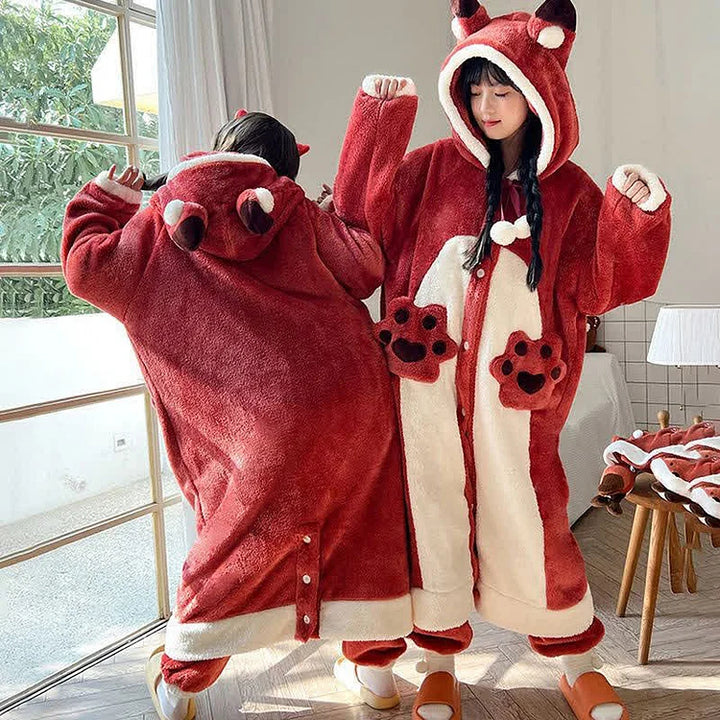 Cute Cartoon Fox Plush Hooded Pajamas Set