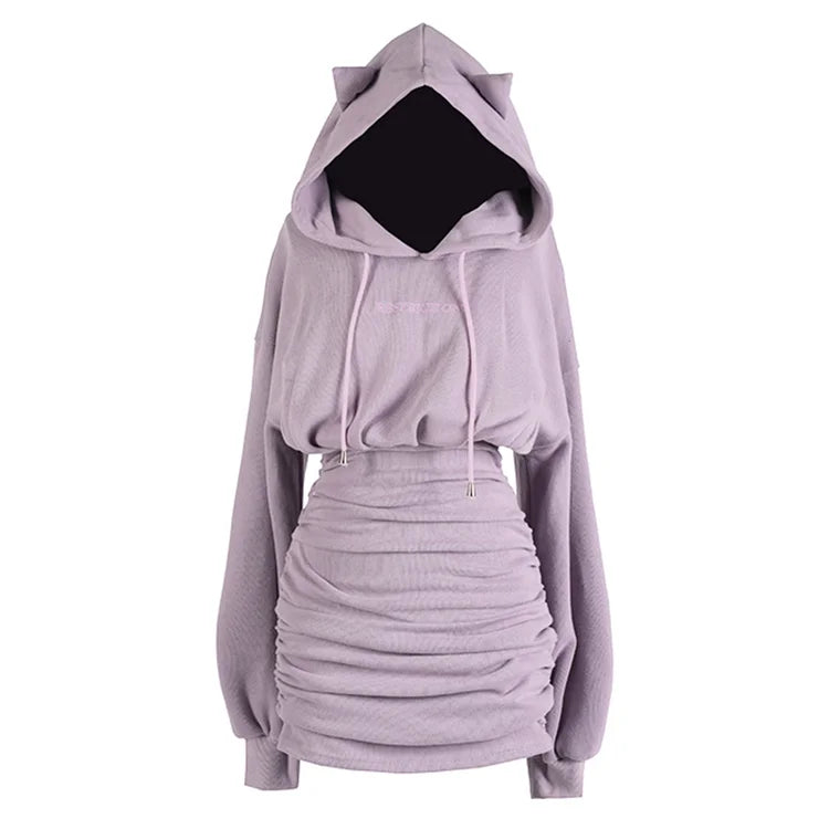 Cat Ears Letter Embroidery Drawstring Hoodie Dress