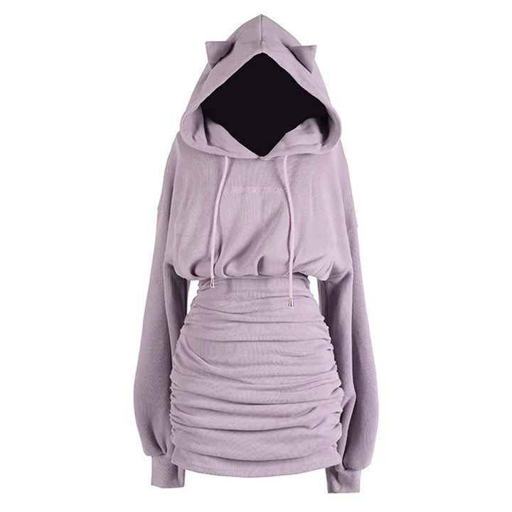 Cat Ears Letter Embroidery Drawstring Hoodie Dress