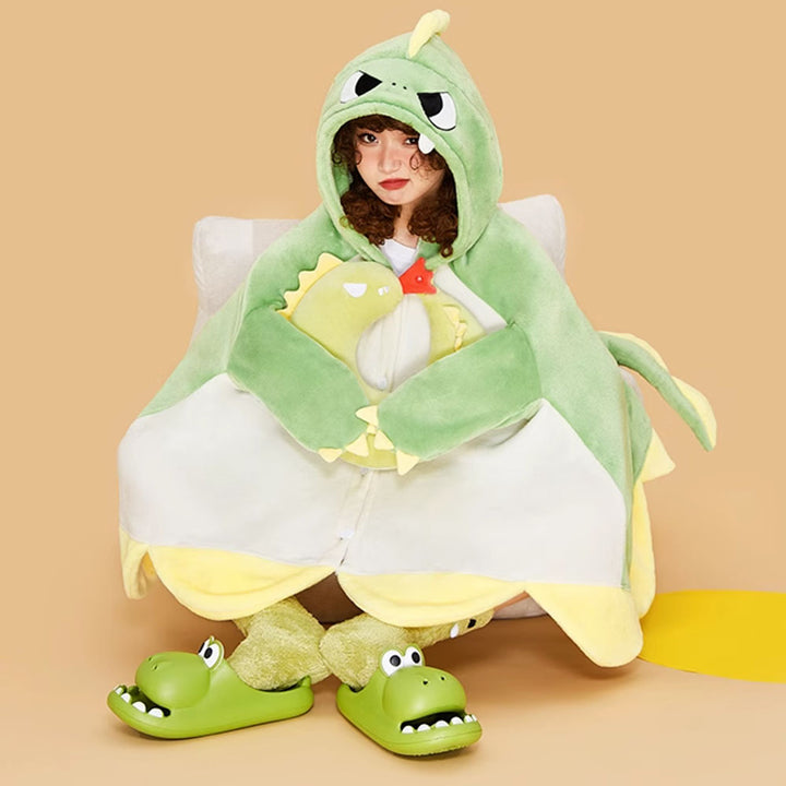 Cartoon Dinosaur Plush Hooded Blanket
