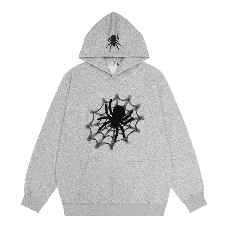 Vintage Spider Web Print Pocket Loose Hoodie