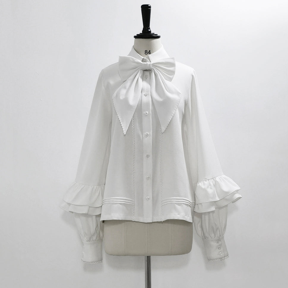 Elegant White Bow Blouse with Ruffle Sleeves